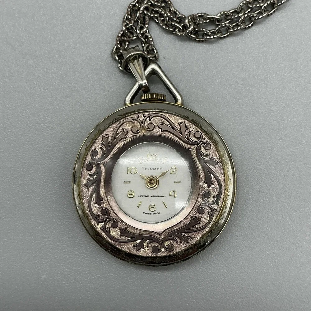 Vintage Triumph Watch Pendant Women 34mm Silver Gold Tone Manual Wind Chain
